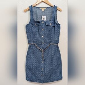 Michael Kors Logo Jacquard Stretch Denim Belted Dress Dusk Blue Wash